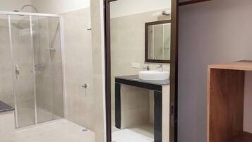 Shower, towels, soap, shampoo