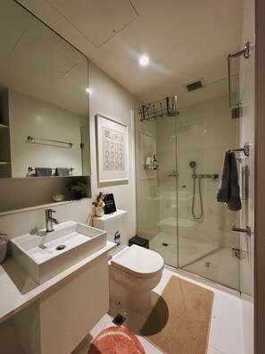 Dusche, Haartrockner, Handtücher, Seife