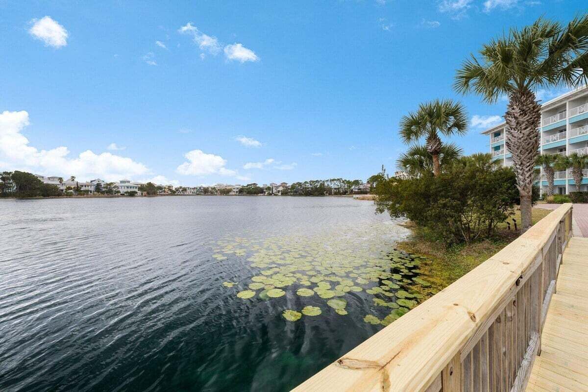 Hotel frente al agua con muelle de madera que da a un lago tranquilo con nenúfares, rodeado de palmeras y un cielo azul despejado.