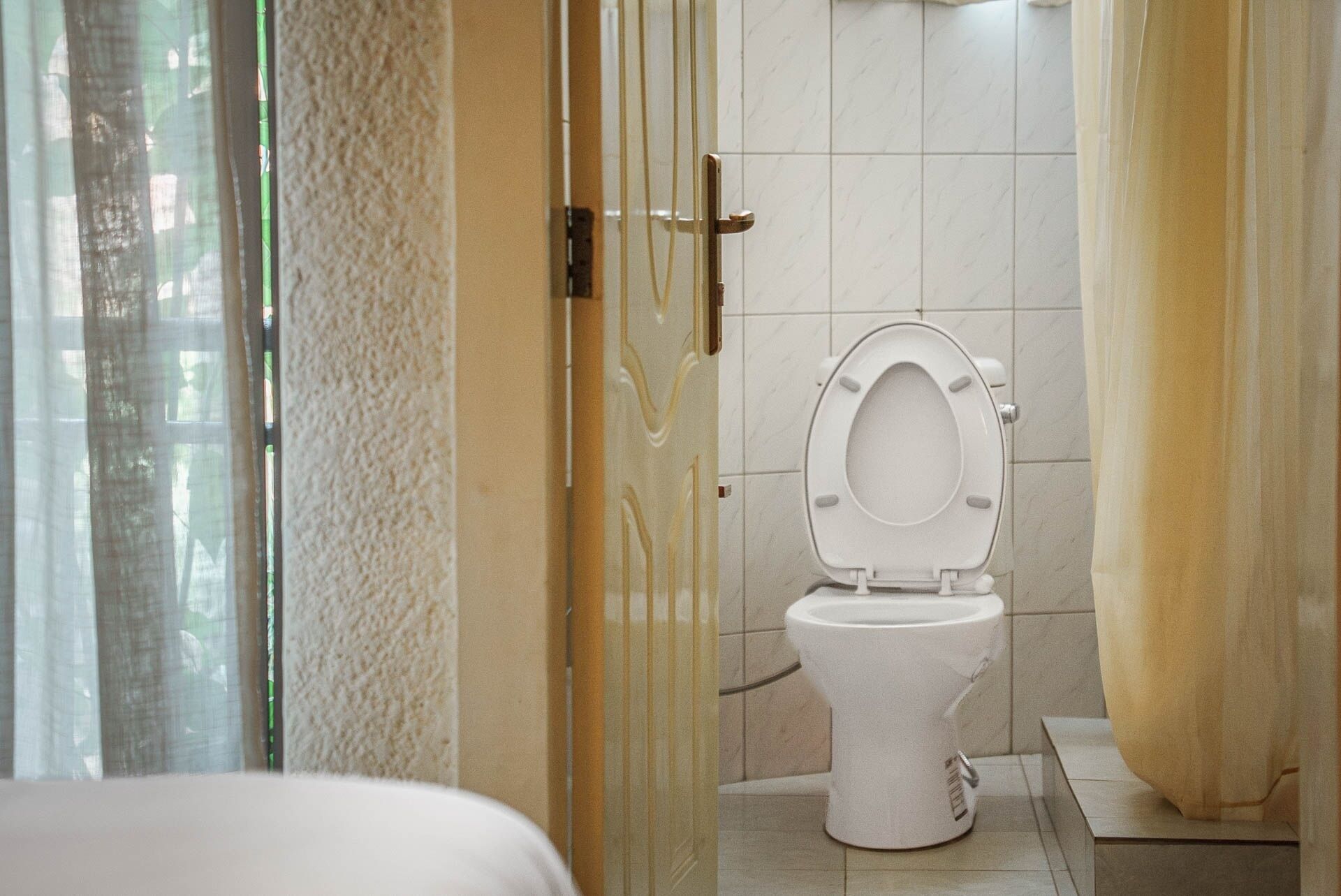 A bathroom with a toilet, a shower, and a glass door.