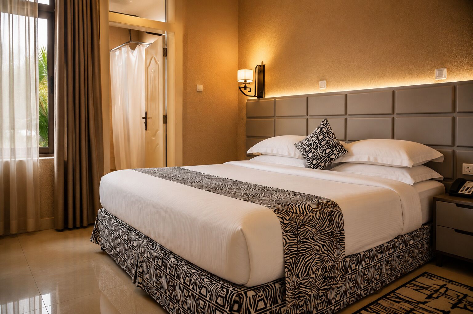 Una camera d'albergo con un letto grande, un comodino con il telefono, una lampada a parete e una finestra con tende.