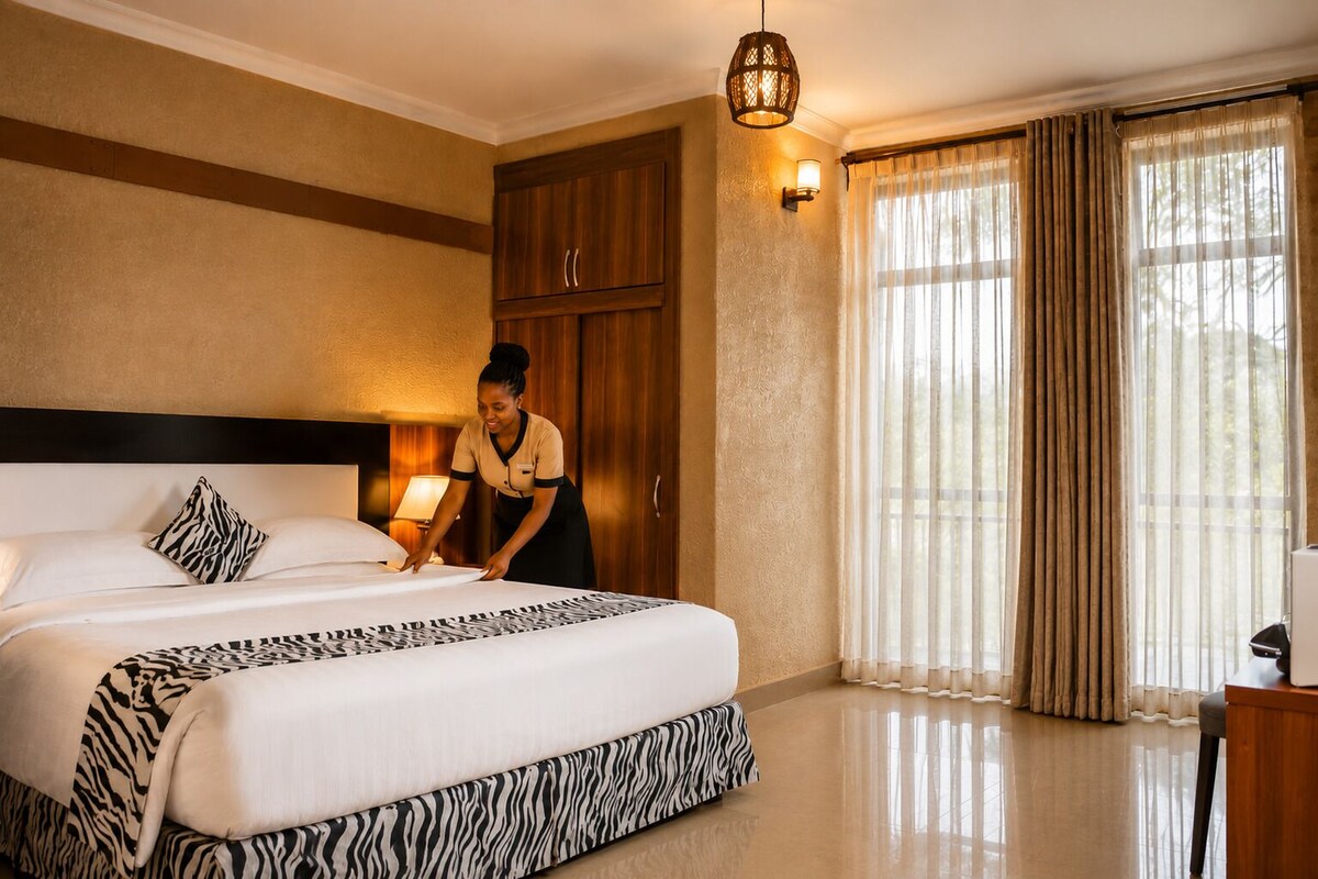 Premium bedding, pillowtop beds, desk, laptop workspace