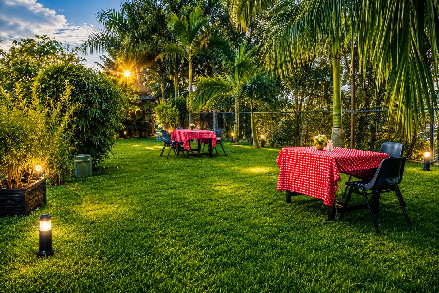 A well-maintained outdoor dining area with tables set for two, surrounded by lush greenery and palm trees.