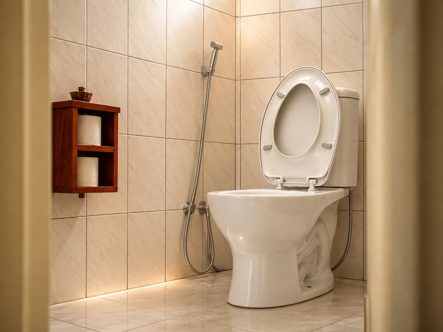 Une salle de bain équipée de toilettes, d’une douche et d’une étagère où est posé du papier toilette.
