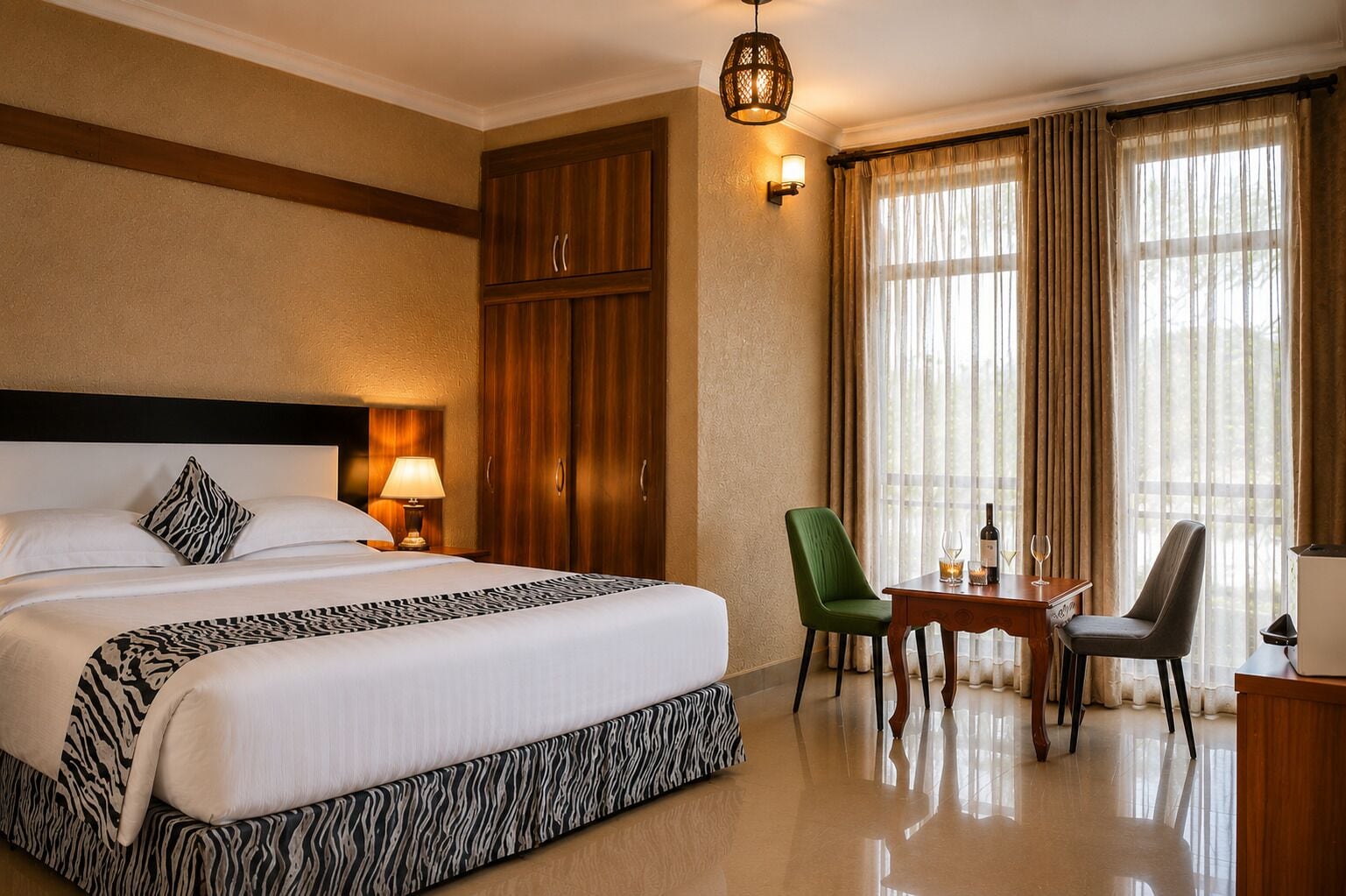 A hotel room with a large bed, a desk with two chairs, a lamp, and a window with curtains.