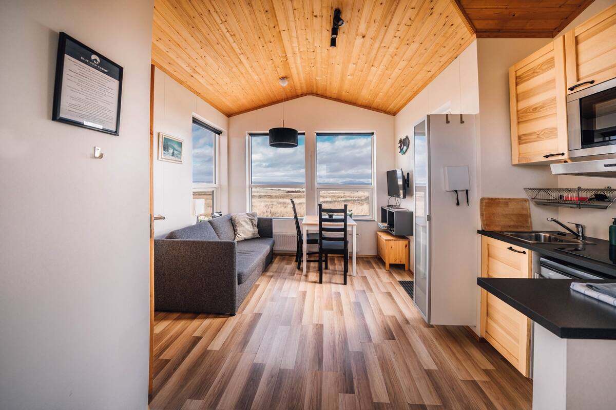 Cabaña (Two-person Cabin with Hot Tub) | Área de sala de estar | Televisión de pantalla plana de 43 pulgadas con canales vía satélite 