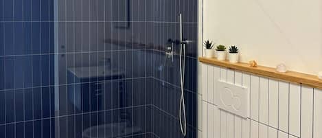 Shower, hair dryer, bidet, towels