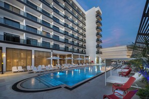 Outdoor pool, pool umbrellas, pool loungers