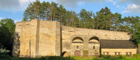 A stone building with arched windows and a flat roof, surrounded by trees.