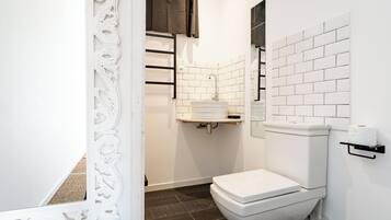 Shower, hair dryer, towels, toilet paper