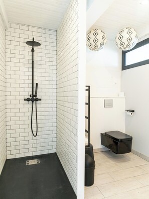 Shower, hair dryer, towels, toilet paper