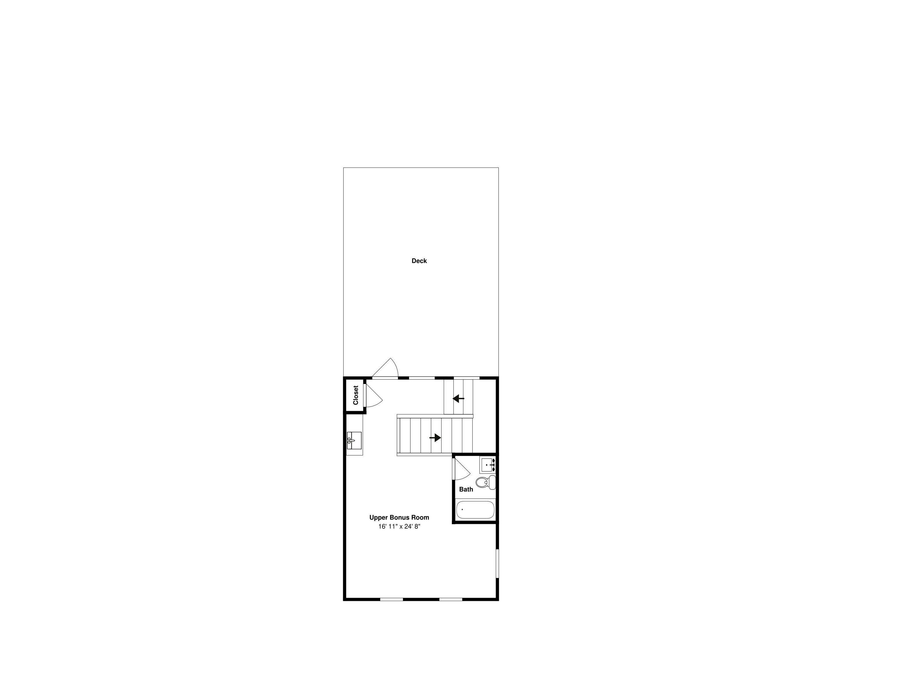 A floor plan of a hotel room with a deck, closet, and an upper bonus room.