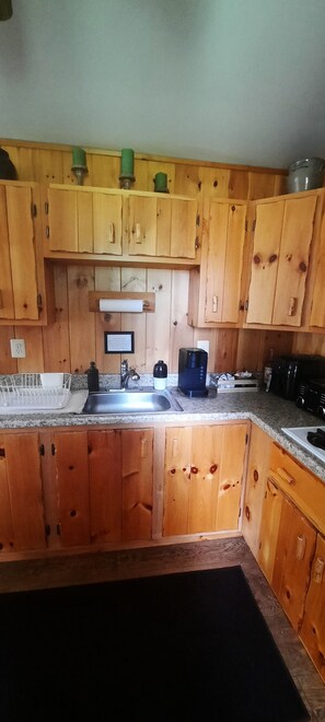 Kühlschrank, Mikrowelle, Herdplatte, Wasserkocher mit Kaffee-/Teezubehör