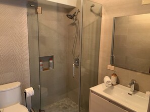 Shower, towels, toilet paper