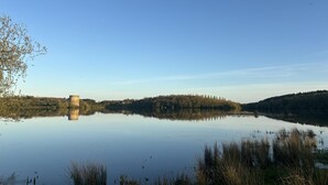 Tyyni järvi, jonka vastarannalla kohoaa torni. Järveä ympäröivät puut ja niittyalueet.