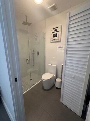 Hair dryer, towels, soap, shampoo