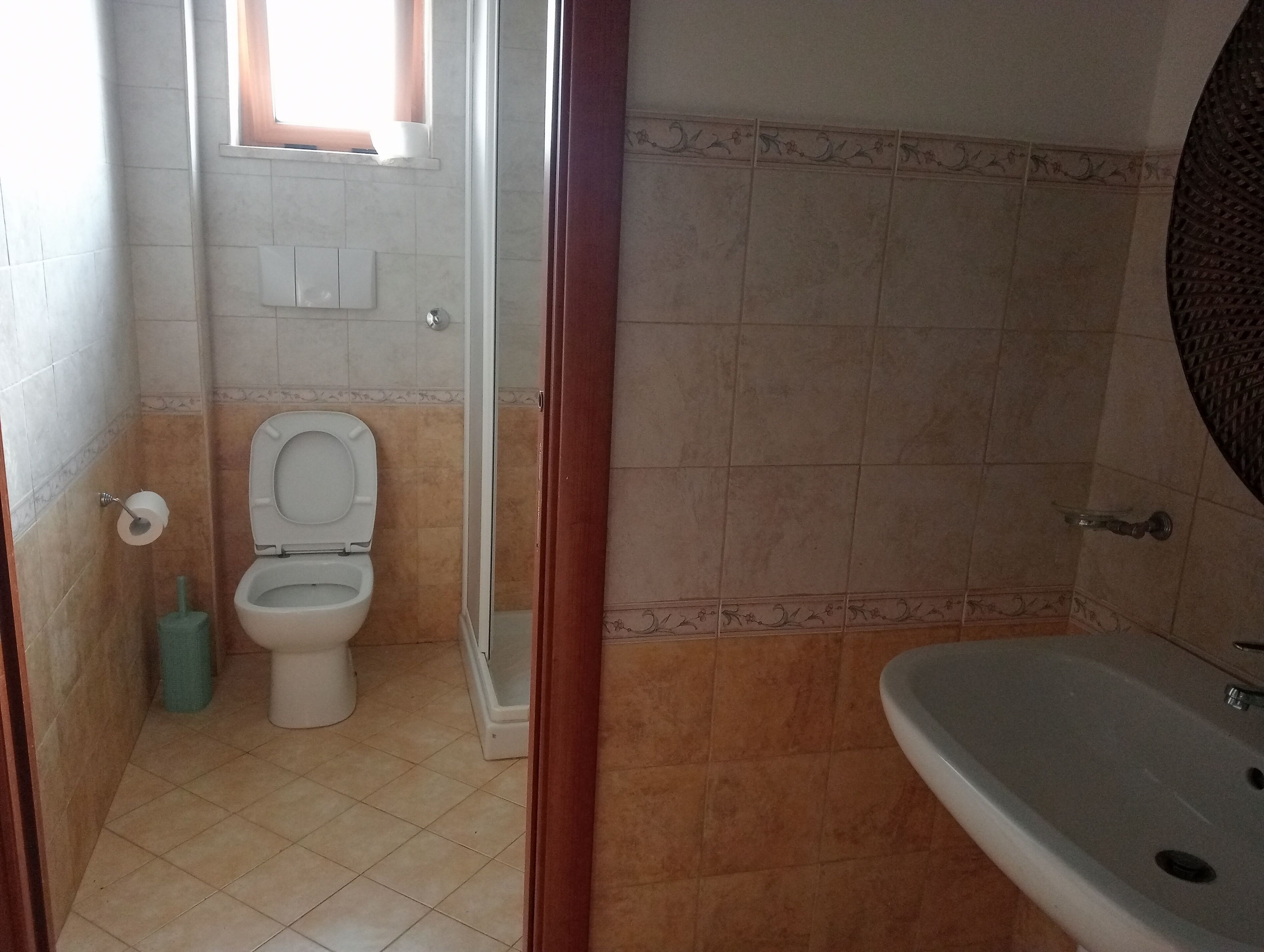 A bathroom with a toilet, a sink, and a shower area.