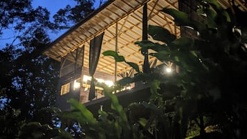 Um edifício moderno com fachada em vidro e telhado metálico, rodeado por vegetação exuberante.