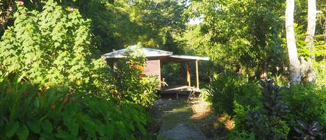 A covered outdoor area with a wooden structure, surrounded by dense greenery and trees.