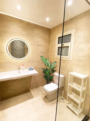 Shower, hair dryer, towels, soap