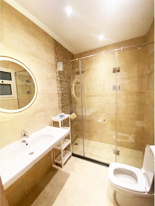A modern bathroom with a glass-enclosed shower, a white sink, and a toilet.