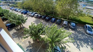 Ein Parkplatz mit mehreren Autos und Bäumen.