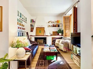 Fernseher, Kamin, Bücher