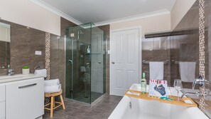 Shower, hair dryer, towels