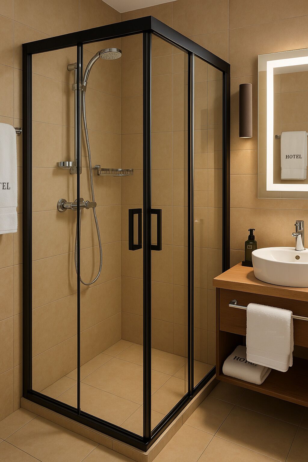 Shower, rainfall showerhead, hair dryer, bathrobes