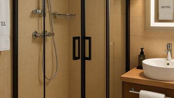 Shower, rainfall showerhead, hair dryer, bathrobes