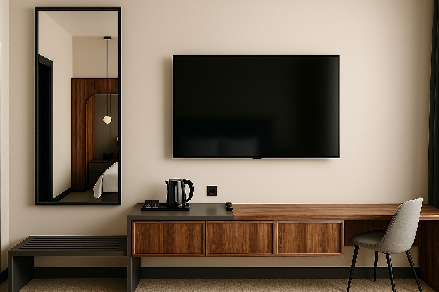 Une chambre d’hôtel moderne dotée d’un grand téléviseur à écran plat fixé au mur, d’une console en bois sur laquelle se trouvent une bouilloire et un téléphone, d’une chaise et d’un miroir qui reflète la pièce.