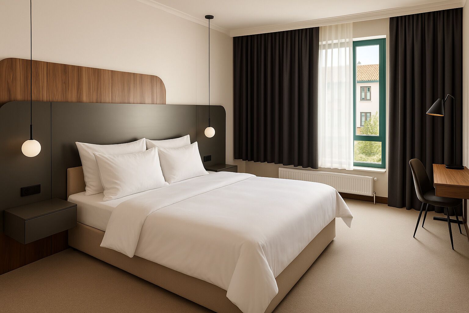 A modern hotel room with a large bed, a desk, and a view of the outside.