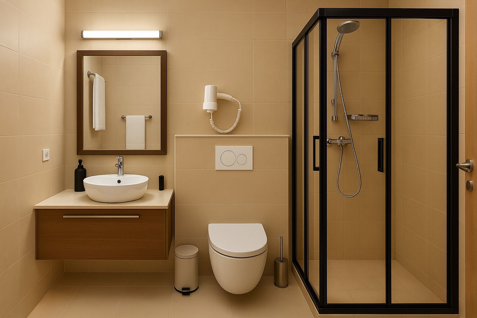 Un baño moderno con lavamanos, espejo, inodoro y ducha con mampara de vidrio.