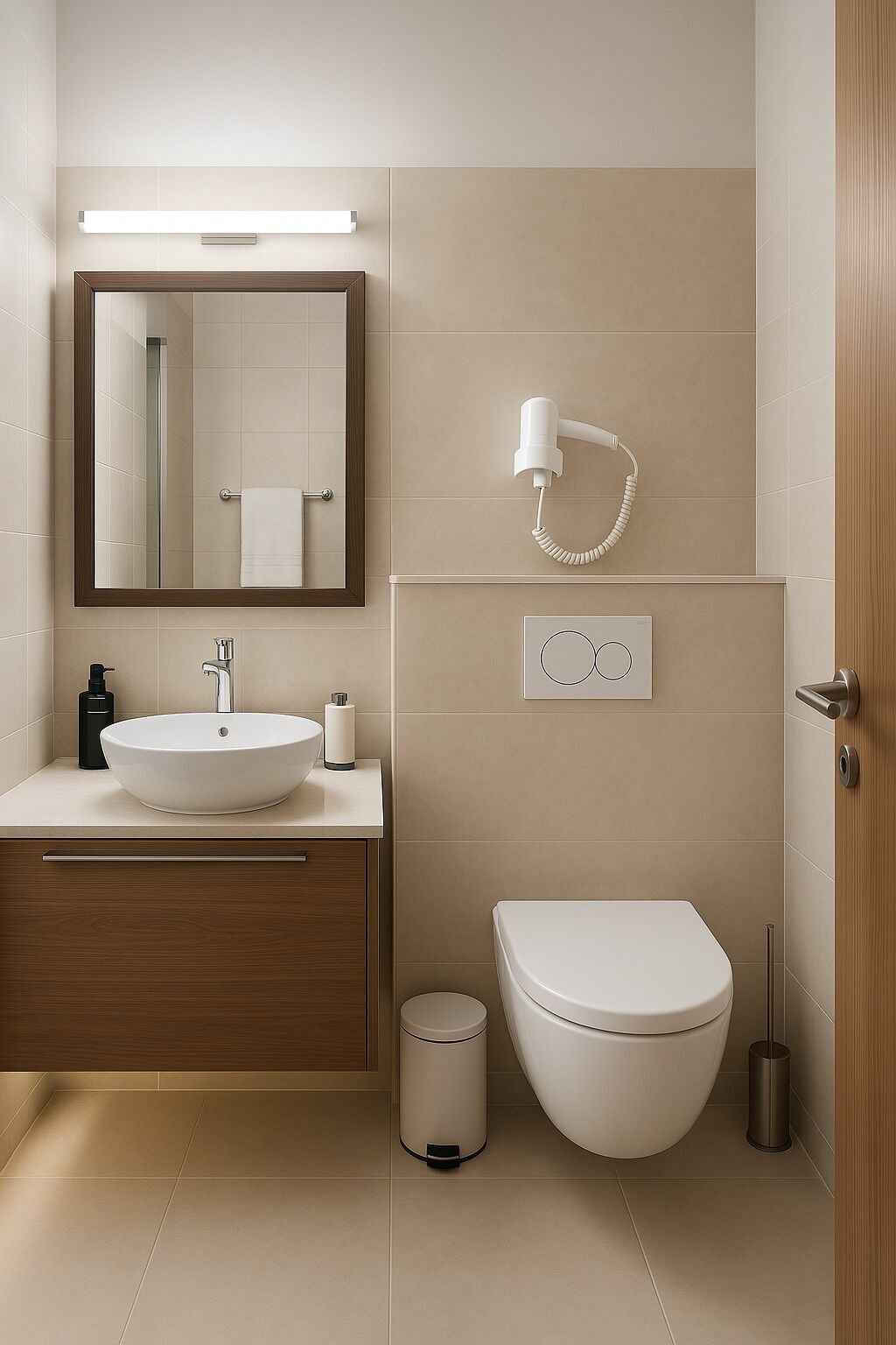 Une salle de bain moderne équipée d’un lavabo, d’un miroir, d’un porte-serviettes, de toilettes et d’une poubelle.
