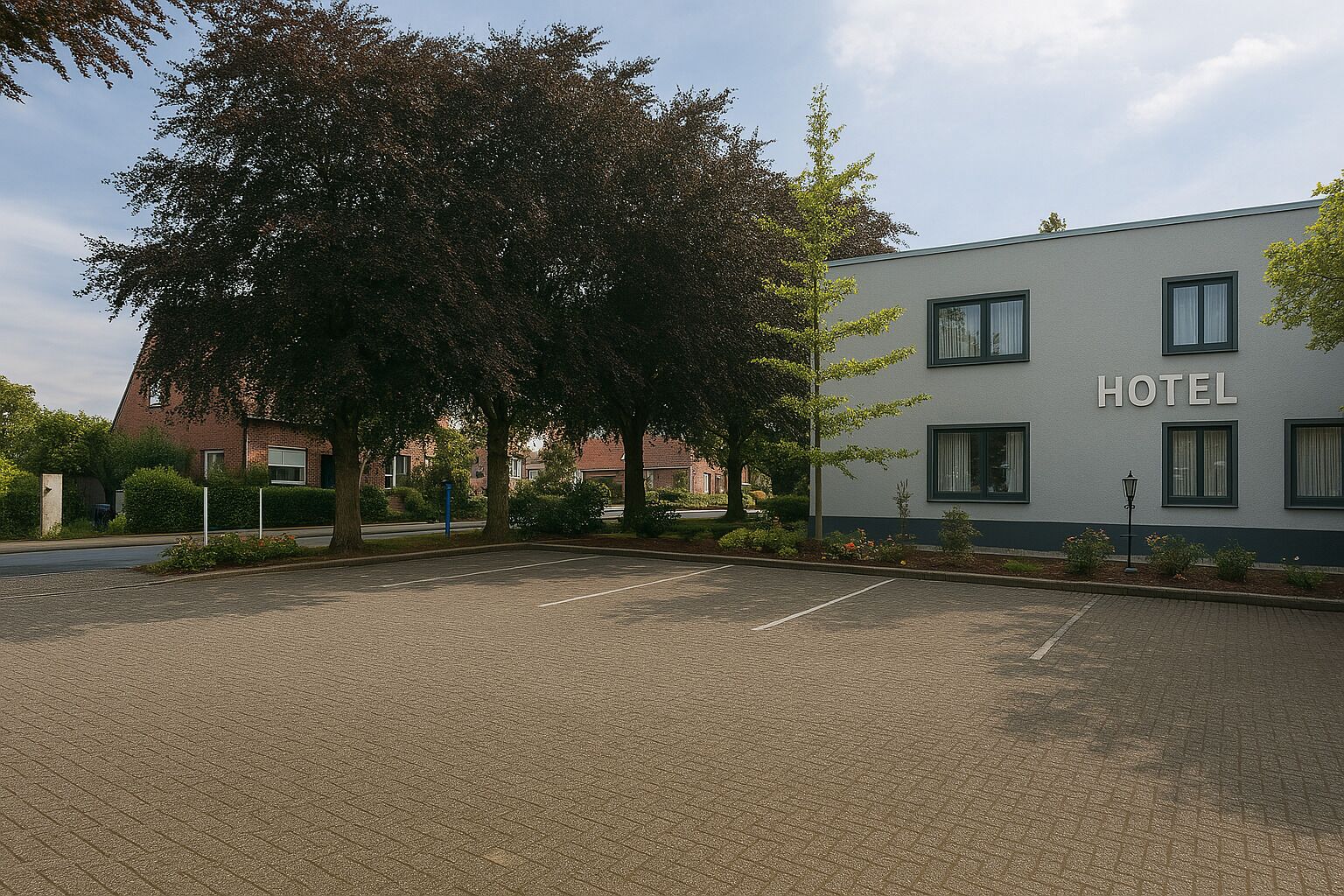 A hotel with a parking lot and a building labeled "HOTEL".