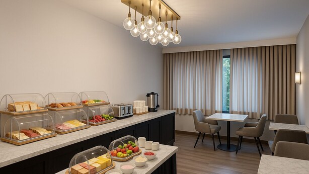 A modern hotel room with a breakfast bar, a dining area, and a large window with curtains. - Awen Hotel Vechta (Vechta)