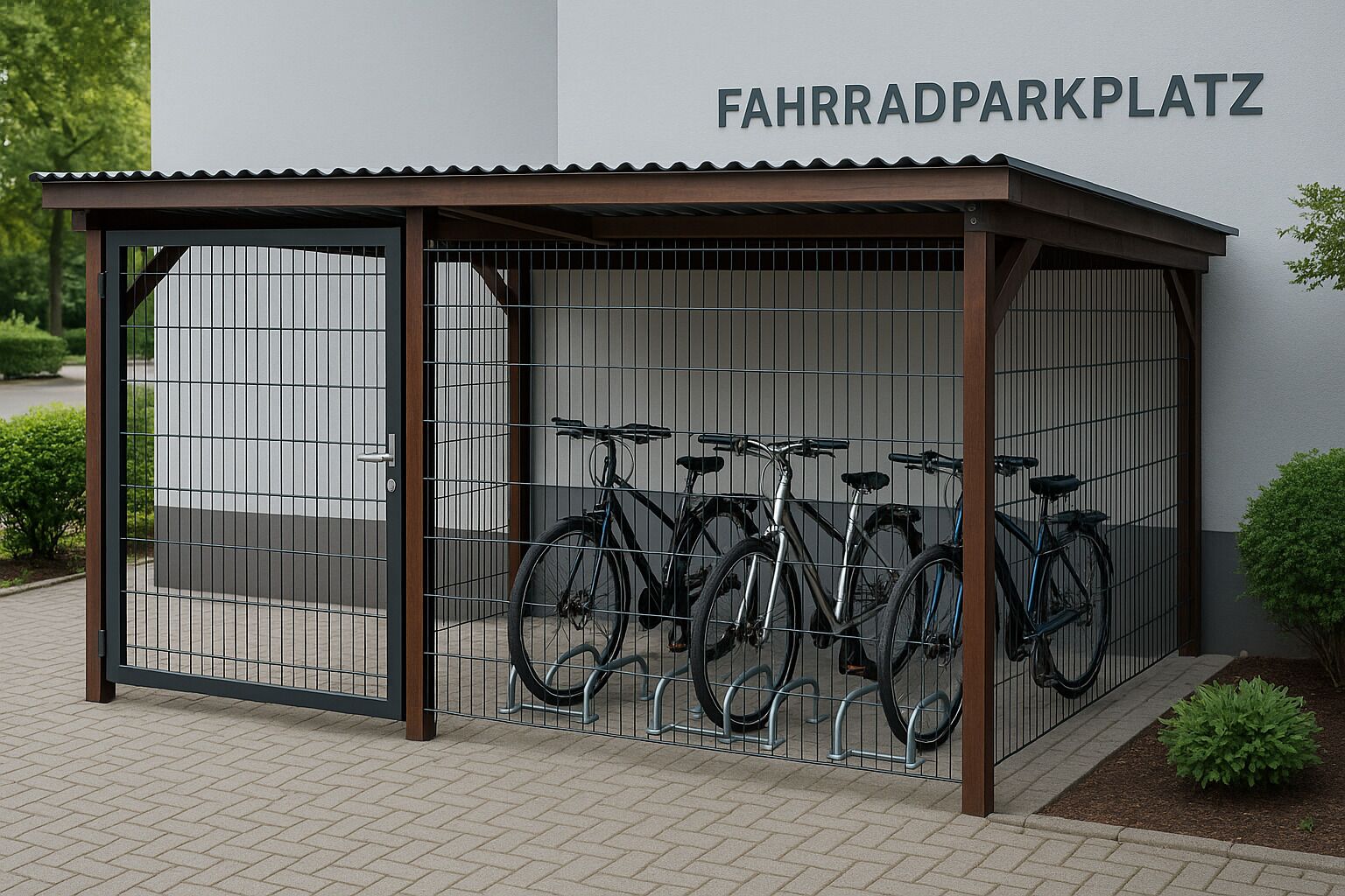 Ein überdachter Fahrradstellplatz mit einem Metallzaun und mehreren Fahrrädern darin.