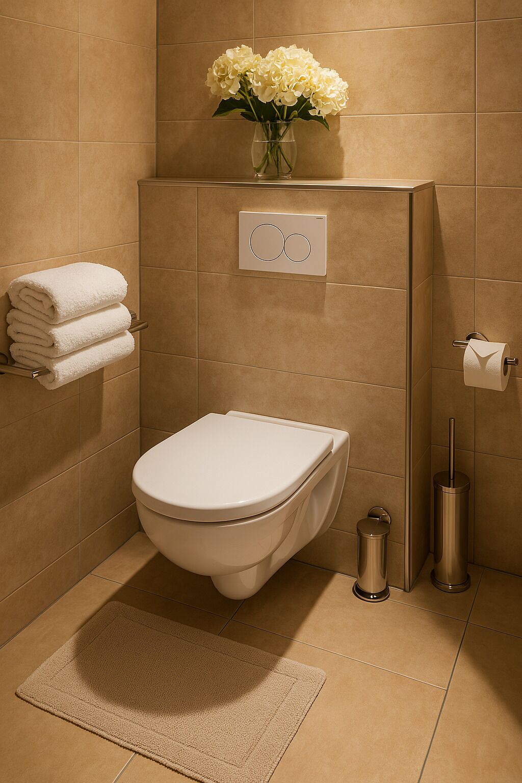 A modern bathroom with a toilet, a towel rack, a toilet paper holder, a trash can, and a vase with flowers.