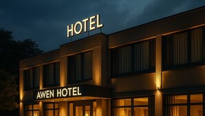 A hotel with a sign reading "AWEN HOTEL" and a large "HOTEL" sign above. - Awen Hotel Vechta (Vechta)