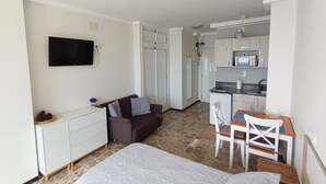 Ein gemütlicher Raum mit Bett, einer Sitzecke, kleinem Schreibtisch, Stuhl, Fernseher, einer Küchenzeile und einem Badezimmer.