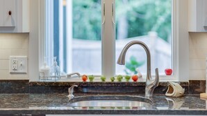 Una cocina con un grifo moderno, una ventana con vistas a vegetación y una encimera con frutas.