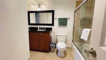 Hair dryer, towels, soap, shampoo