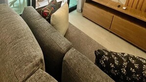 A modern living room with a flat-screen TV, a sofa, and a wooden entertainment unit. - Green Porto 02 (Ipojuca)