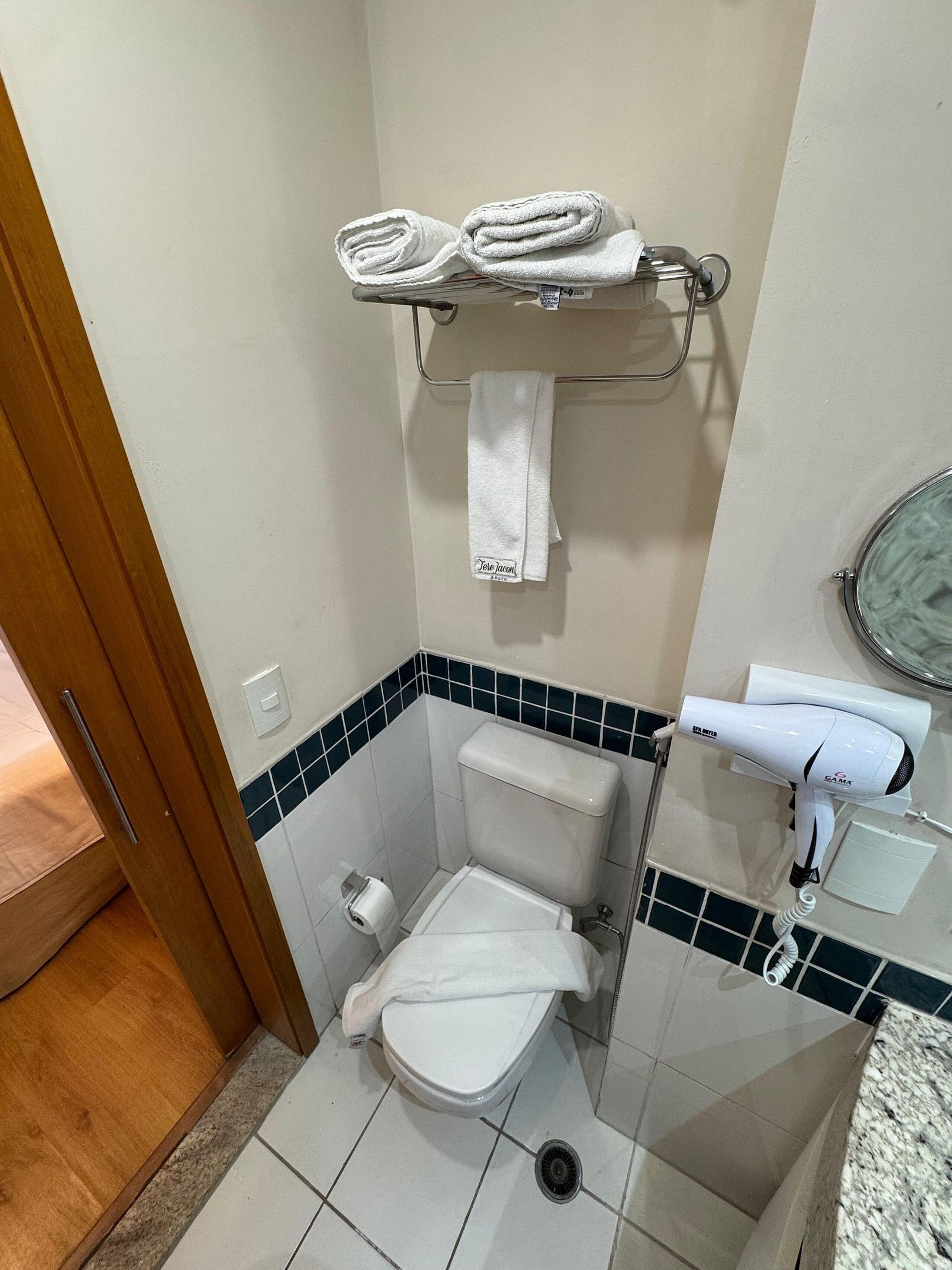 Un baño con inodoro, toallero con toallas, secador de pelo y zona de ducha.