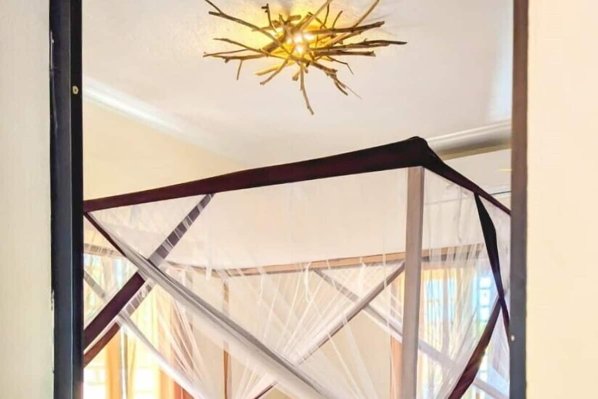 Una cama individual con dosel, cabecera de madera y lámpara en el techo.