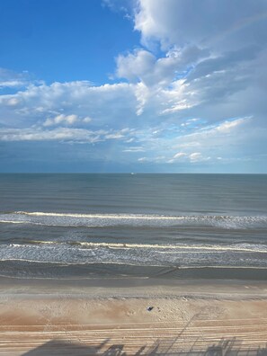 On the beach, sun-loungers, beach towels