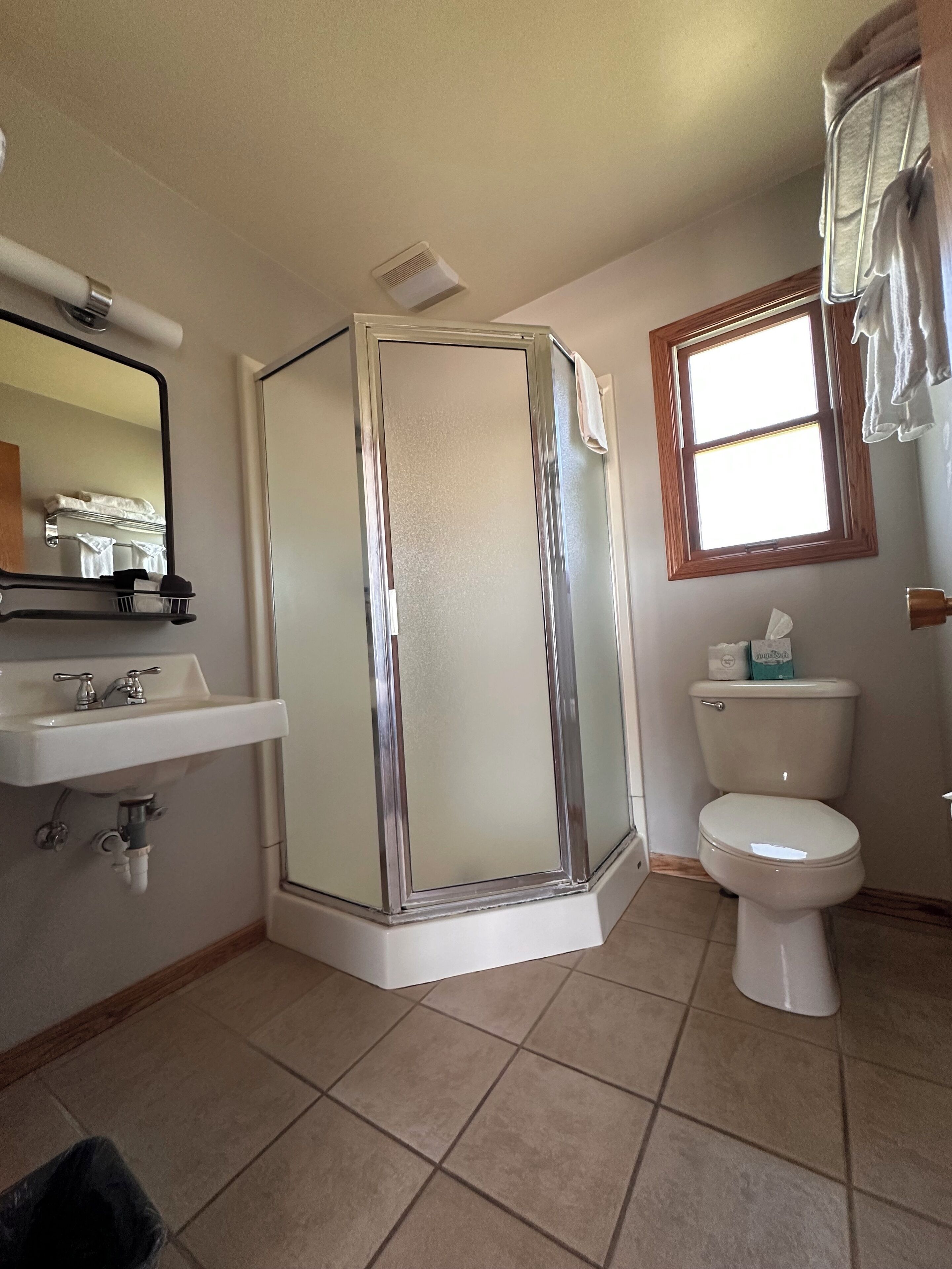 A bathroom with a shower enclosure, toilet, sink, and a window.