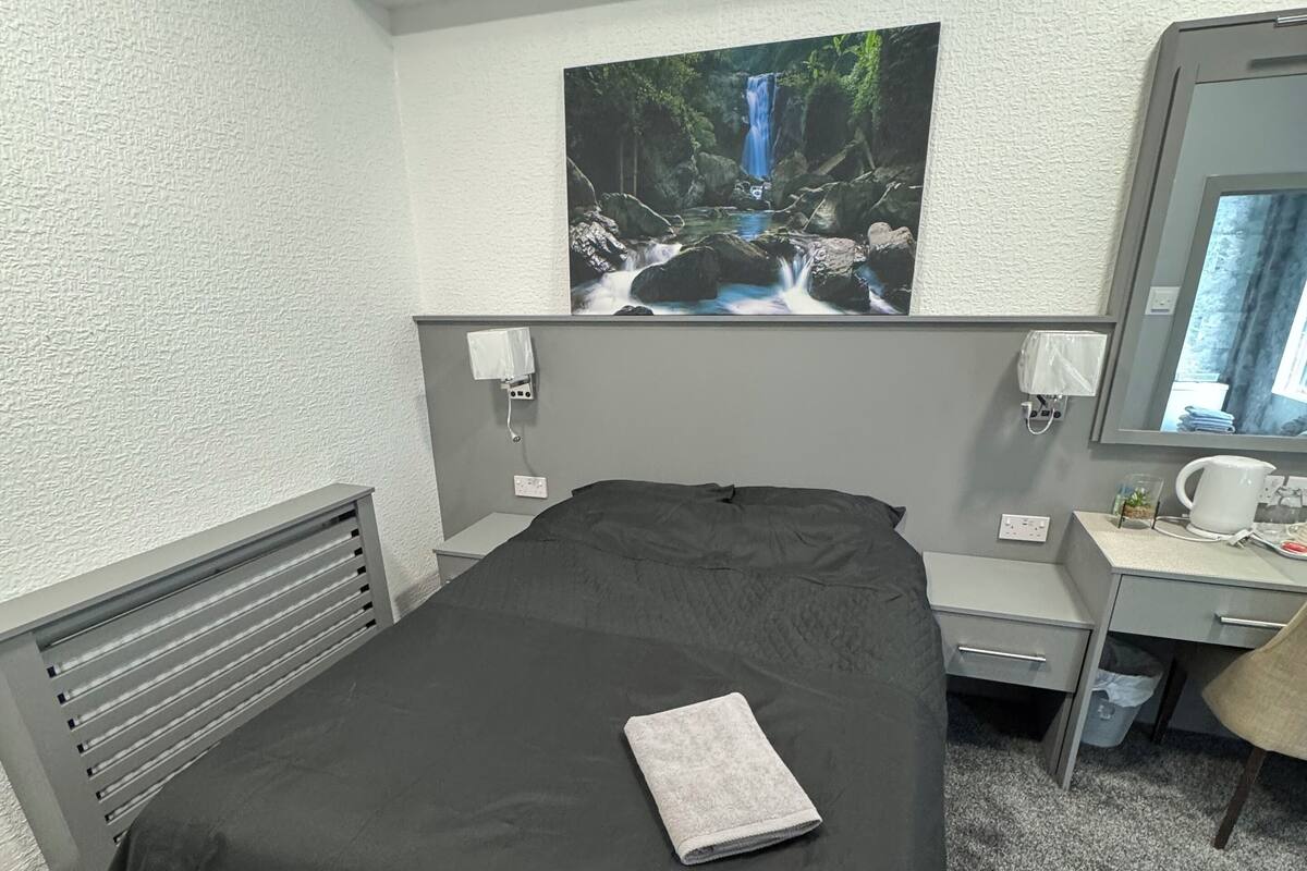A hotel room with a large bed, a desk, a chair, a mirror, a picture of a waterfall, and a radiator.