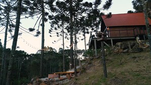 Una cabaña de madera con techo rojo, rodeada de altos pinos y terreno rocoso.