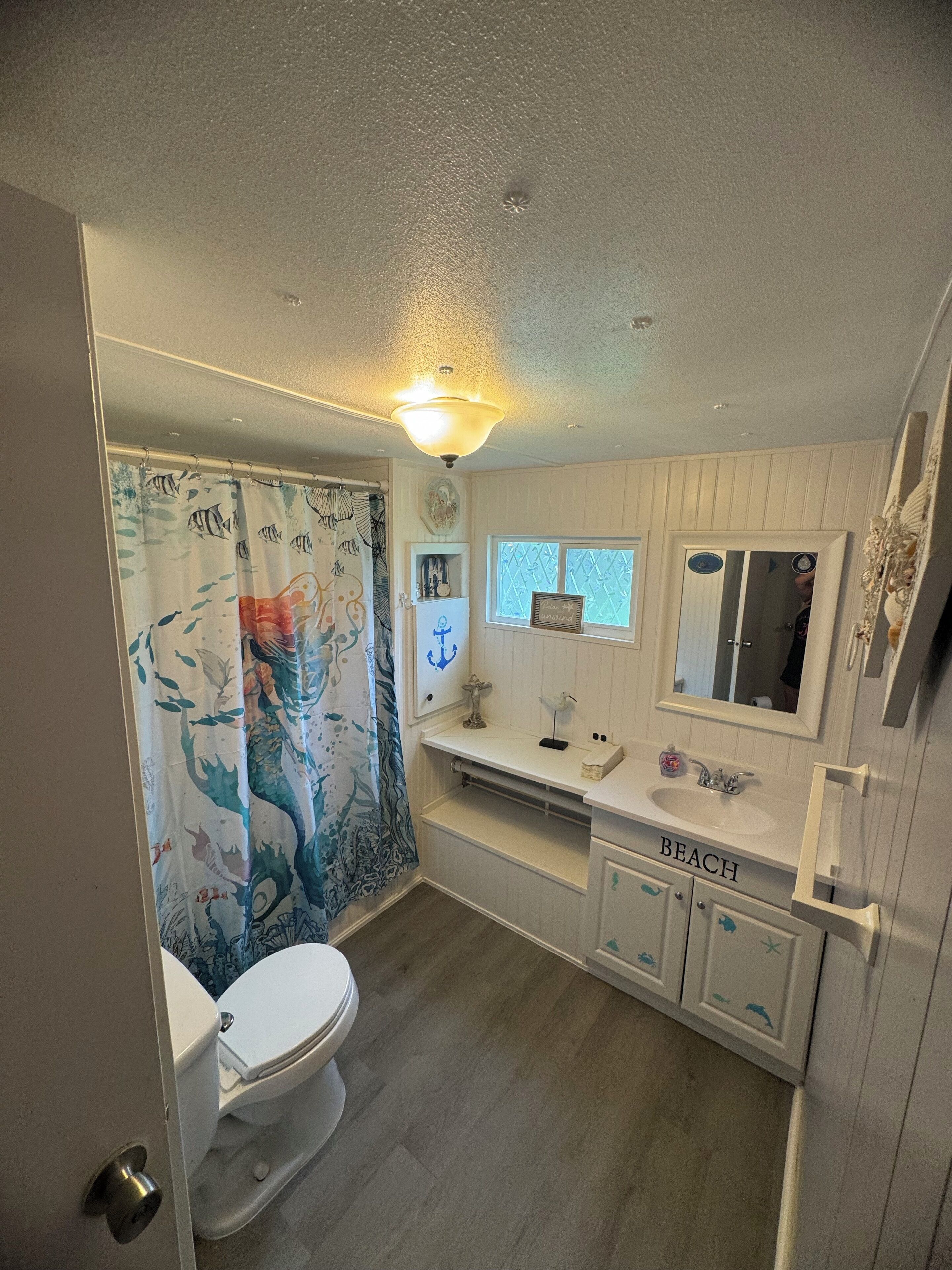 Hair dryer, towels, soap, shampoo